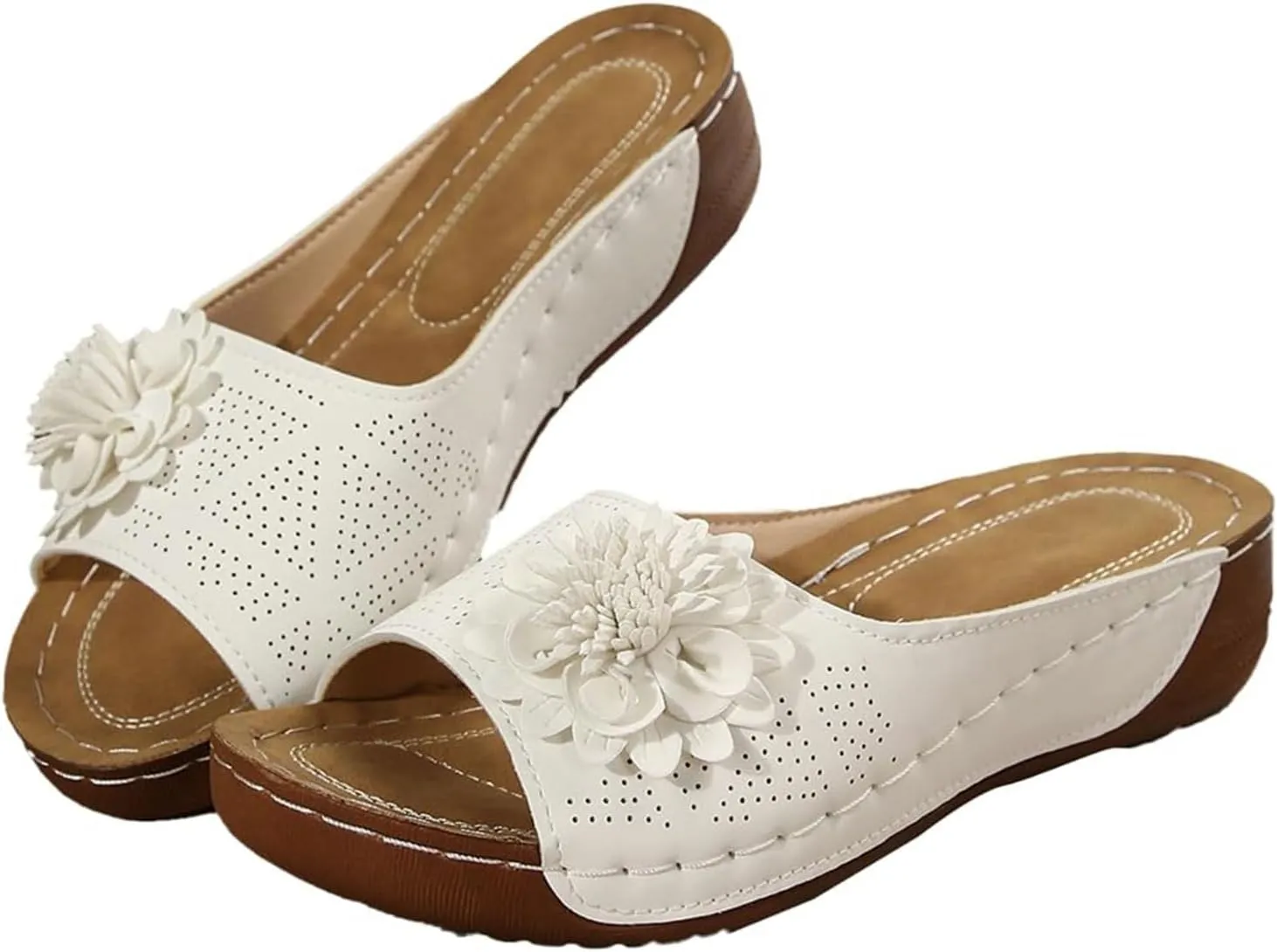 Wedge Sandals for Women Summer Beach Floral Embellished Comfort Sandals Mesh Breathable Open Toe Slip On Shoes