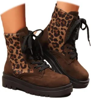 Women Round Toe Combat Ankle Boots Chunky Low Heel Leopard Printed Lace-up Combat Boots Fashion Short Booties