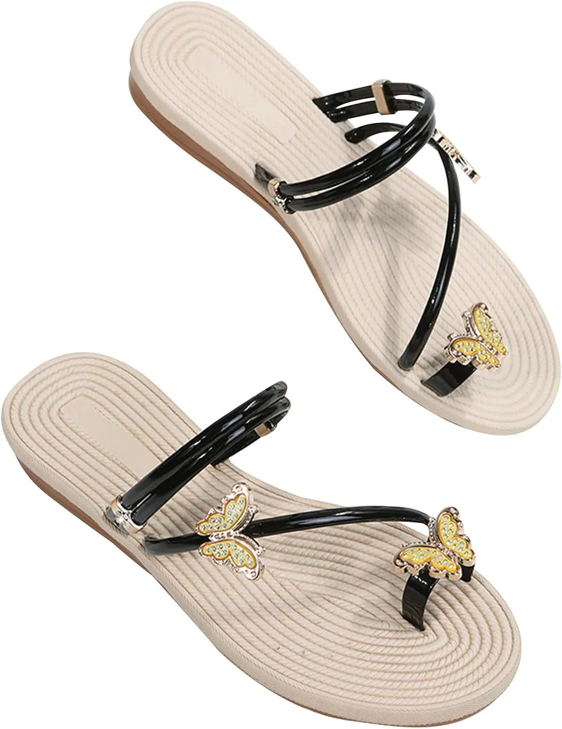 Women Summer Casual Flat Sandals Cute Slides Rhinestone & Butterfly Decor Toe Ring Clip Toe Thong Flip Flops Lightweight Comfy Beach Shoes Slipper