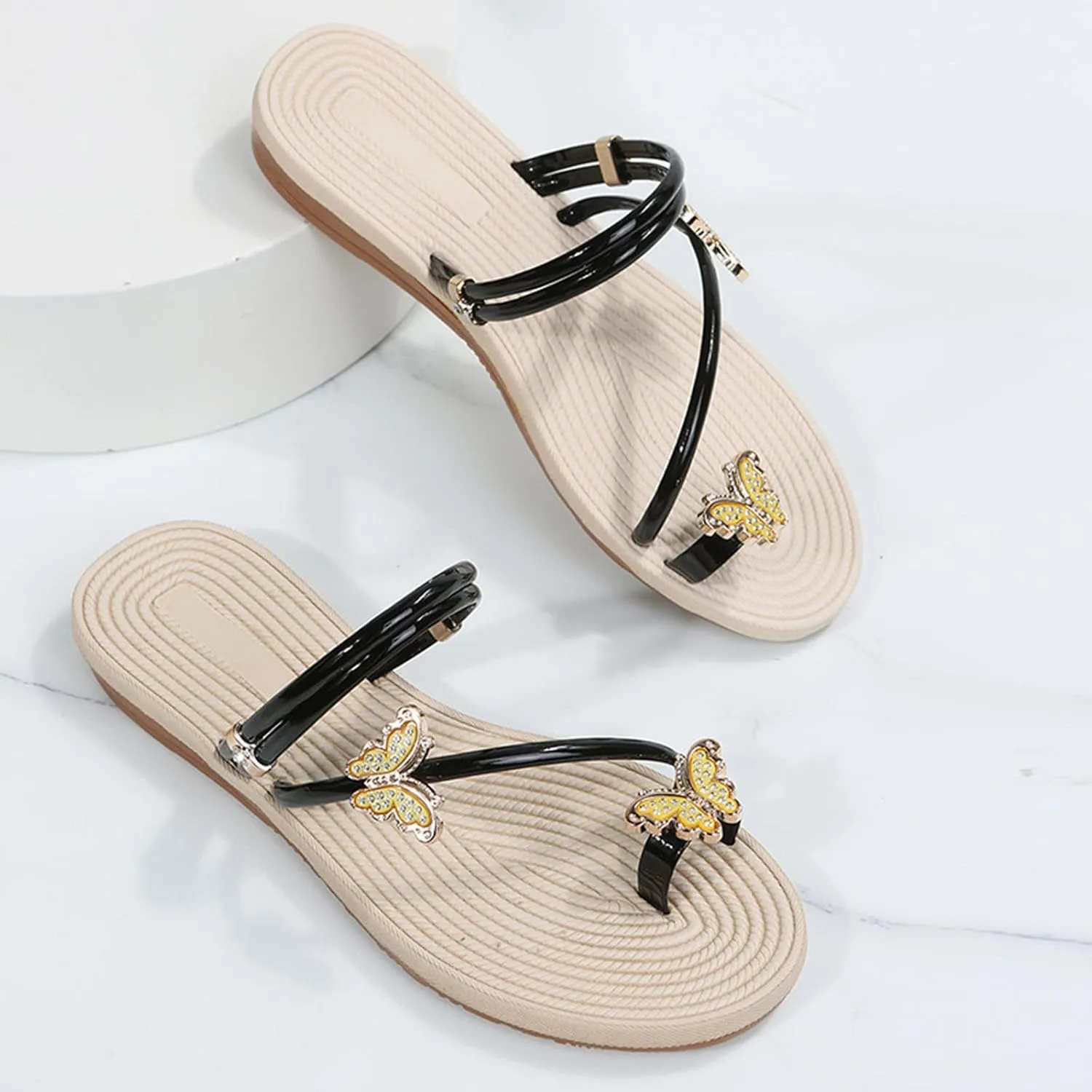 Women Summer Casual Flat Sandals Cute Slides Rhinestone & Butterfly Decor Toe Ring Clip Toe Thong Flip Flops Lightweight Comfy Beach Shoes Slipper