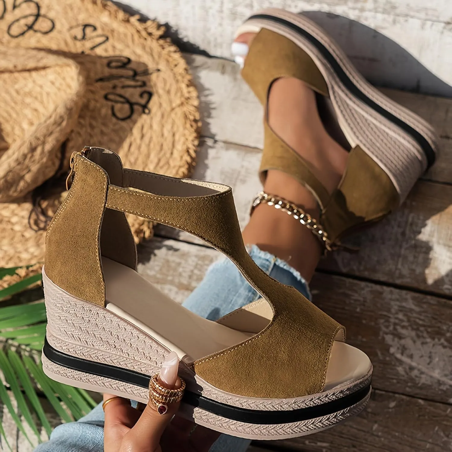 Women Wedge Sandals Peep Toe Slip On Platforms T Strap Zipper Back Sandals Slip On Comfort High Heeled Dress Shoes