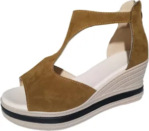 Women Wedge Sandals Peep Toe Slip On Platforms T Strap Zipper Back Sandals Slip On Comfort High Heeled Dress Shoes