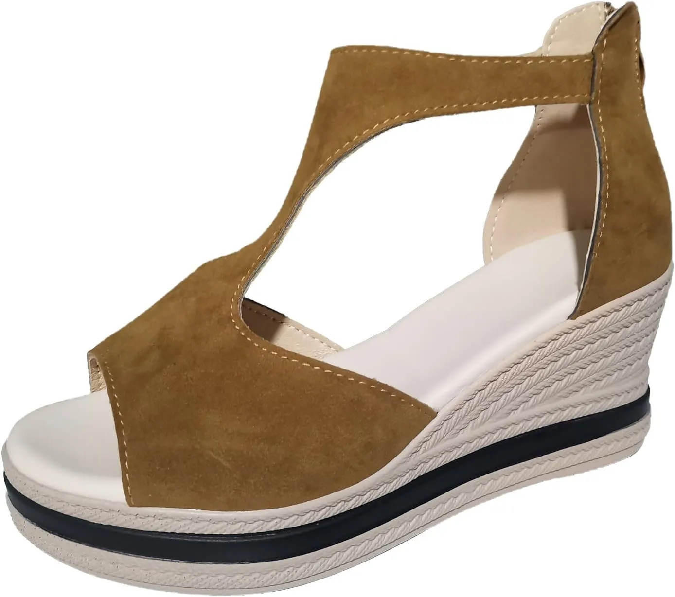 Women Wedge Sandals Peep Toe Slip On Platforms T Strap Zipper Back Sandals Slip On Comfort High Heeled Dress Shoes