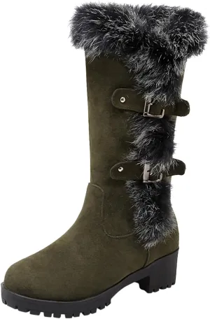 Women's Autumn and Winter Fashion Suede Warm Furry Boots Belt Buckle Thick Soled Mid Calf Large Calf Boots for Women
