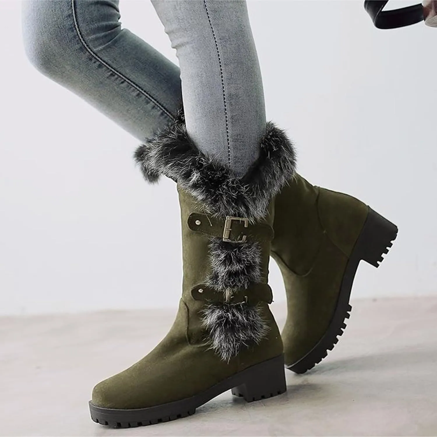 Women's Autumn and Winter Fashion Suede Warm Furry Boots Belt Buckle Thick Soled Mid Calf Large Calf Boots for Women