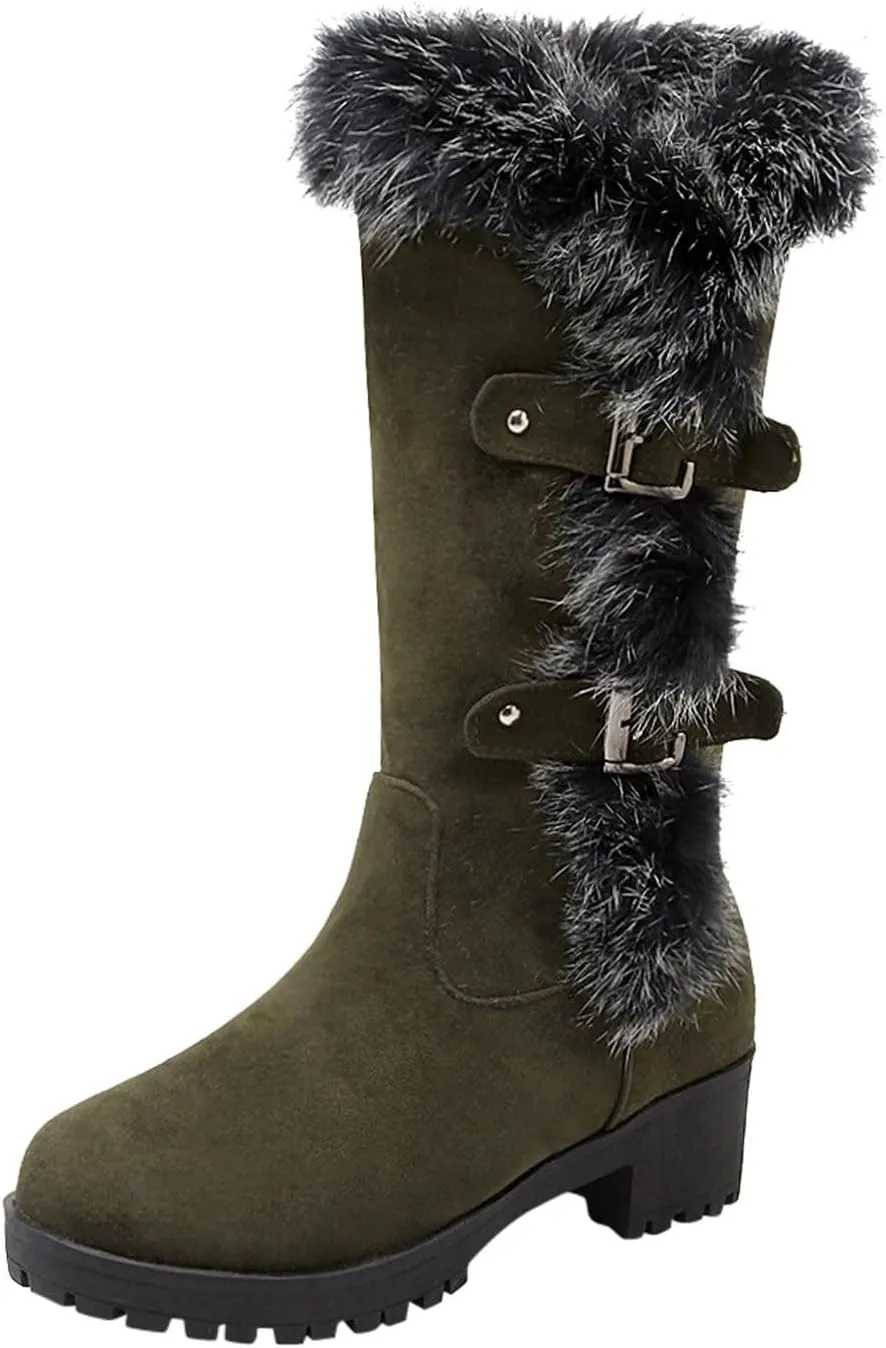 Women's Autumn and Winter Fashion Suede Warm Furry Boots Belt Buckle Thick Soled Mid Calf Large Calf Boots for Women