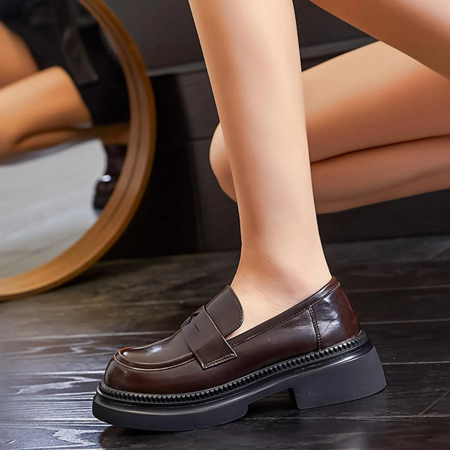 Women's Chunky Heel Slip On Loafers - Classic Business Platform Round Toe Fashion Shoes for Women - Versatile Retro Commuter Single Shoes,Brown-39