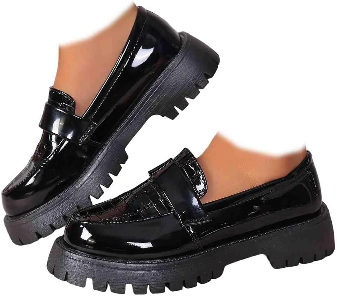 Women's Chunky Platform Loafers Classic Round Toe Lug Sole Business Casual Formal Work Shoes