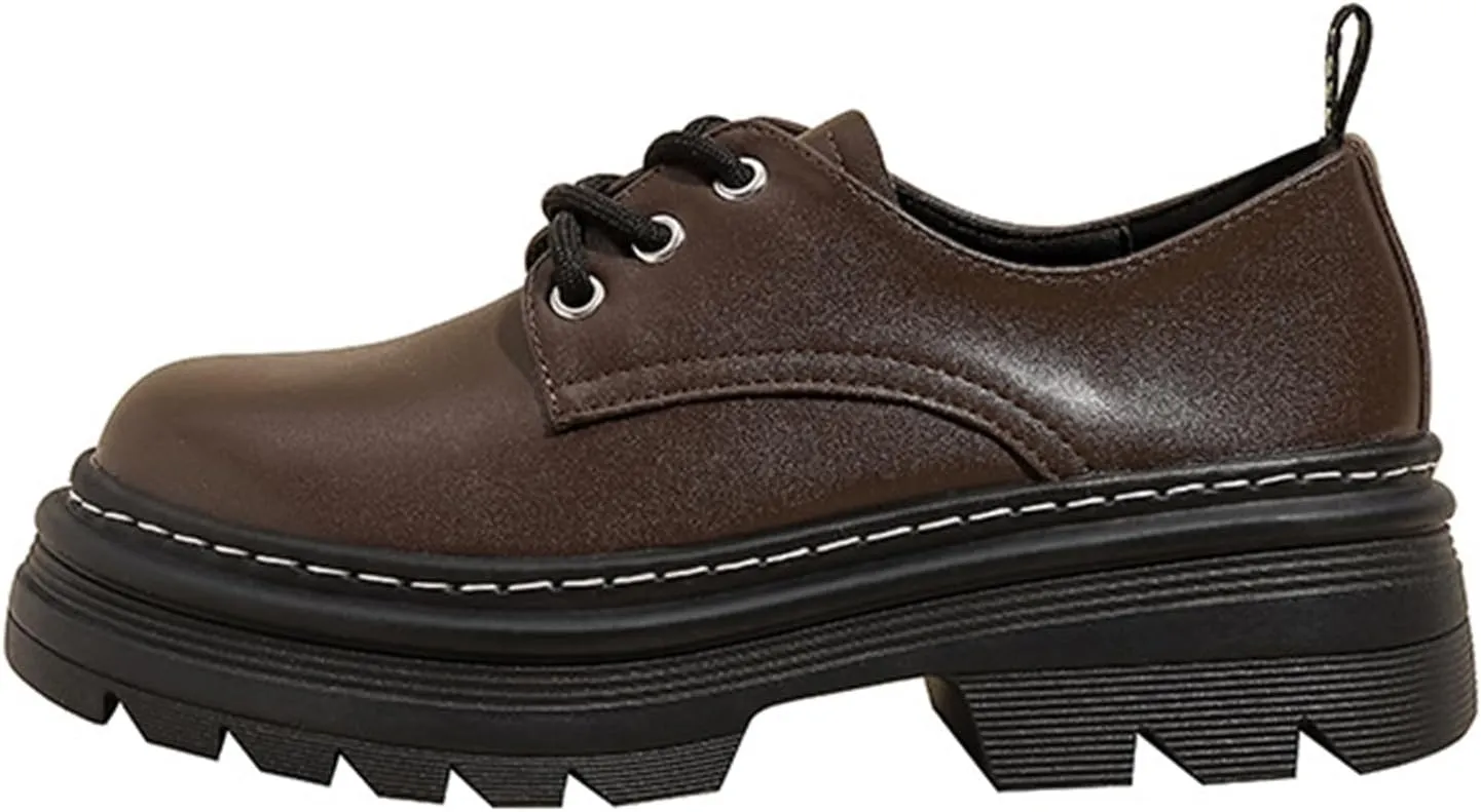 Women's Classic Fashion Platform Loafers, Round Toe Spring/Autumn Casual Shoes with Thick Sole, Lace-up, Chunky Heel - Slip-on Leather Shoes