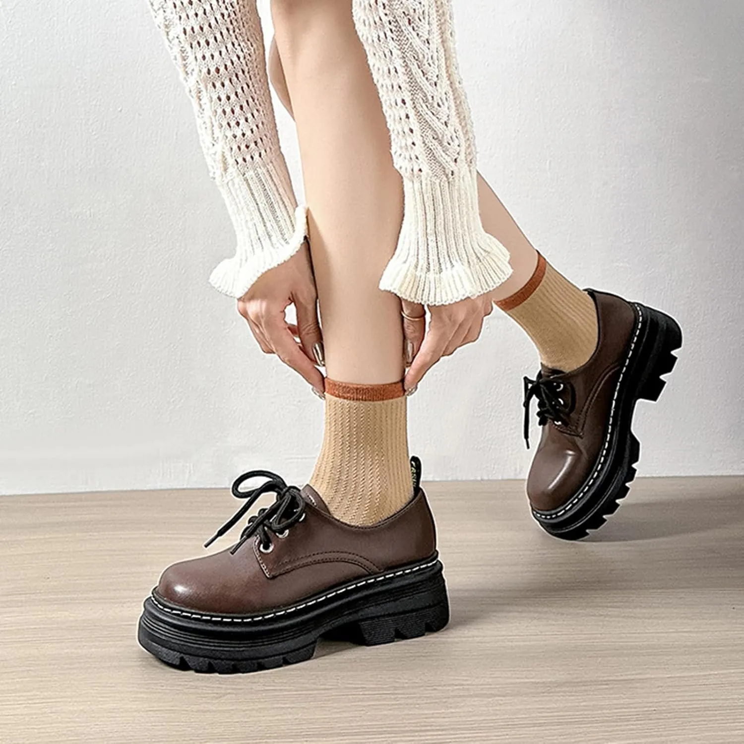 Women's Classic Fashion Platform Loafers, Round Toe Spring/Autumn Casual Shoes with Thick Sole, Lace-up, Chunky Heel - Slip-on Leather Shoes