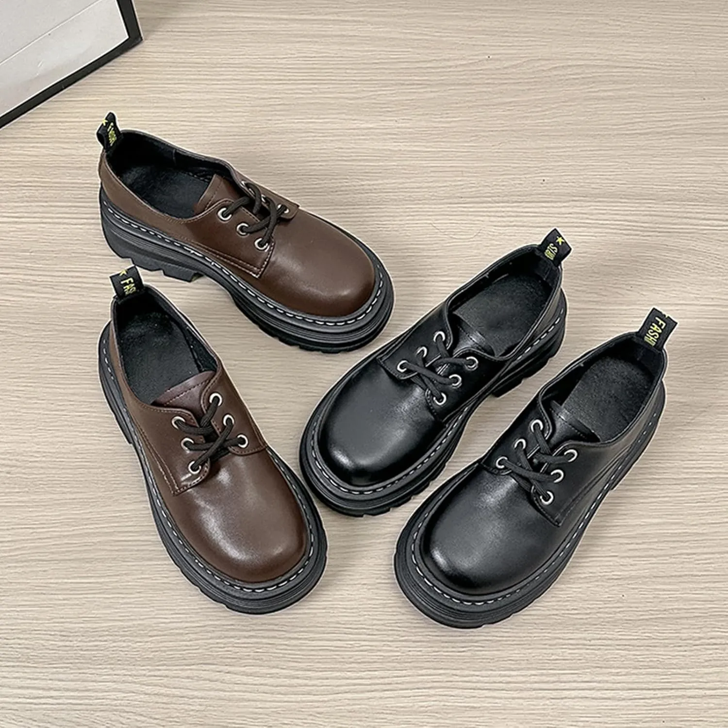 Women's Classic Fashion Platform Loafers, Round Toe Spring/Autumn Casual Shoes with Thick Sole, Lace-up, Chunky Heel - Slip-on Leather Shoes