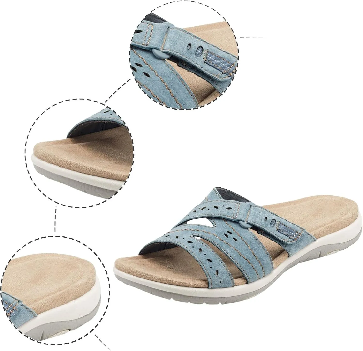 Women's Comfortable Arch Support Walking Sandals - White Orthopedic Slide Sandals with Flat Heels and Open Toe
