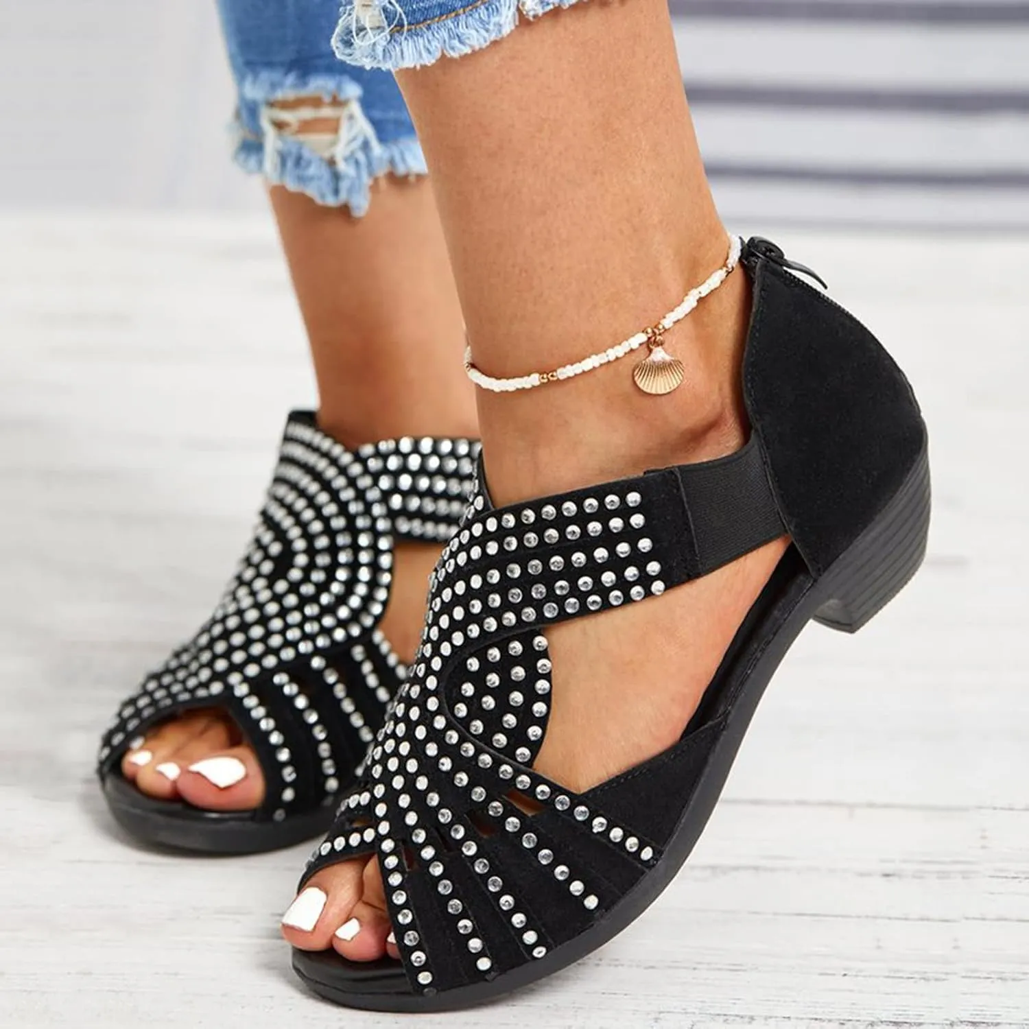 Women's Dress Sandals Summer Retro Suede Rhinestone Open Toe Back Zipper Thick Snakeskin Wedge Sandals for Women