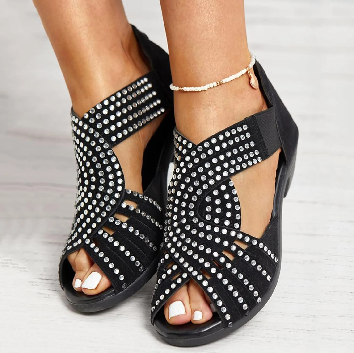 Women's Dress Sandals Summer Retro Suede Rhinestone Open Toe Back Zipper Thick Snakeskin Wedge Sandals for Women