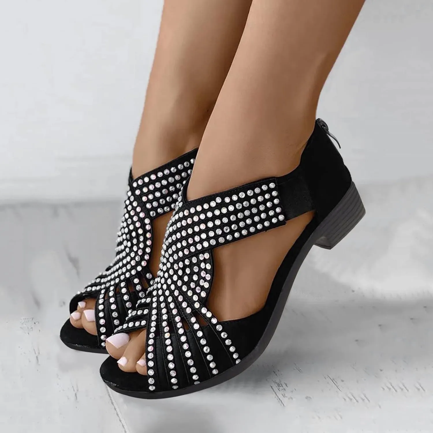 Women's Dress Sandals Summer Retro Suede Rhinestone Open Toe Back Zipper Thick Snakeskin Wedge Sandals for Women