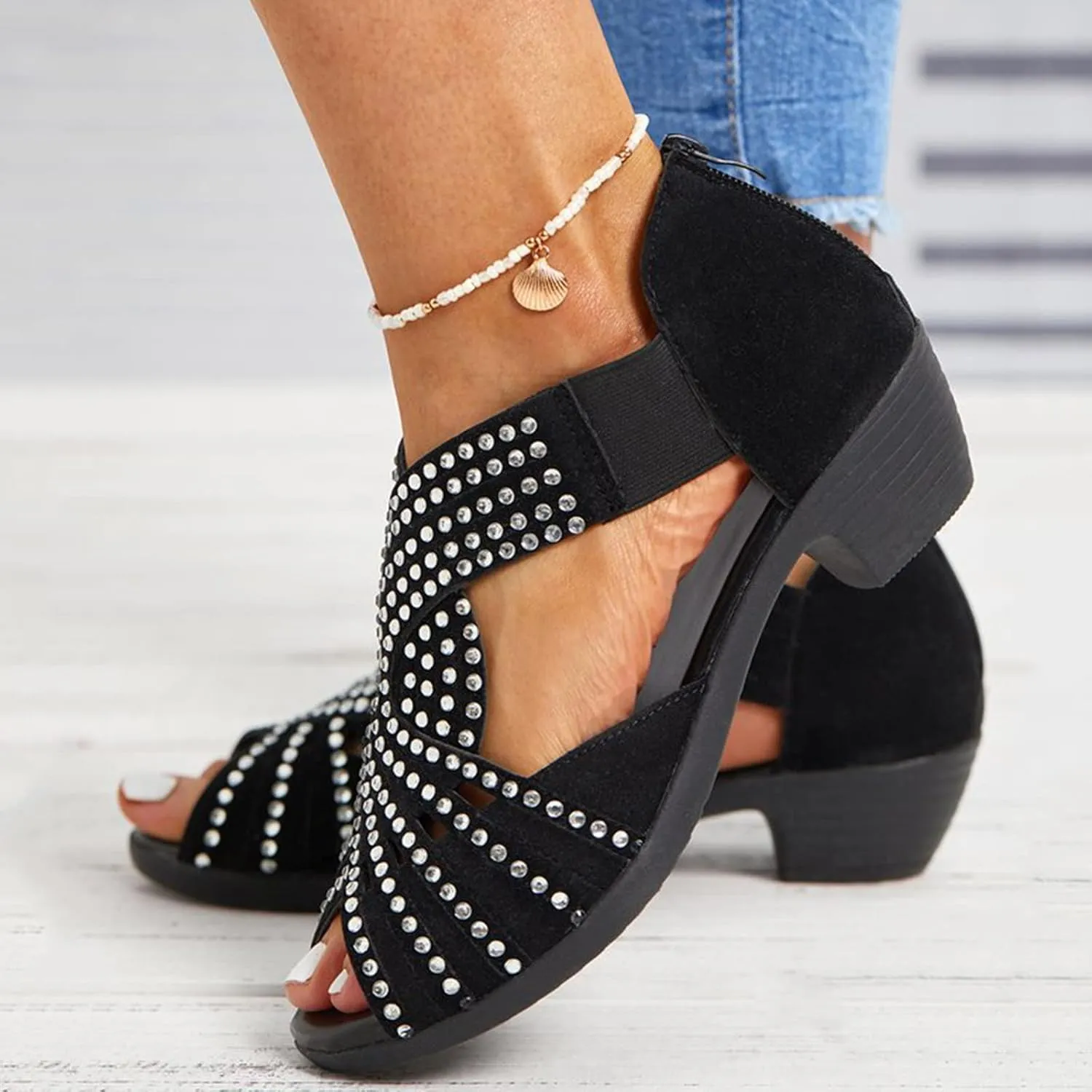 Women's Dress Sandals Summer Retro Suede Rhinestone Open Toe Back Zipper Thick Snakeskin Wedge Sandals for Women