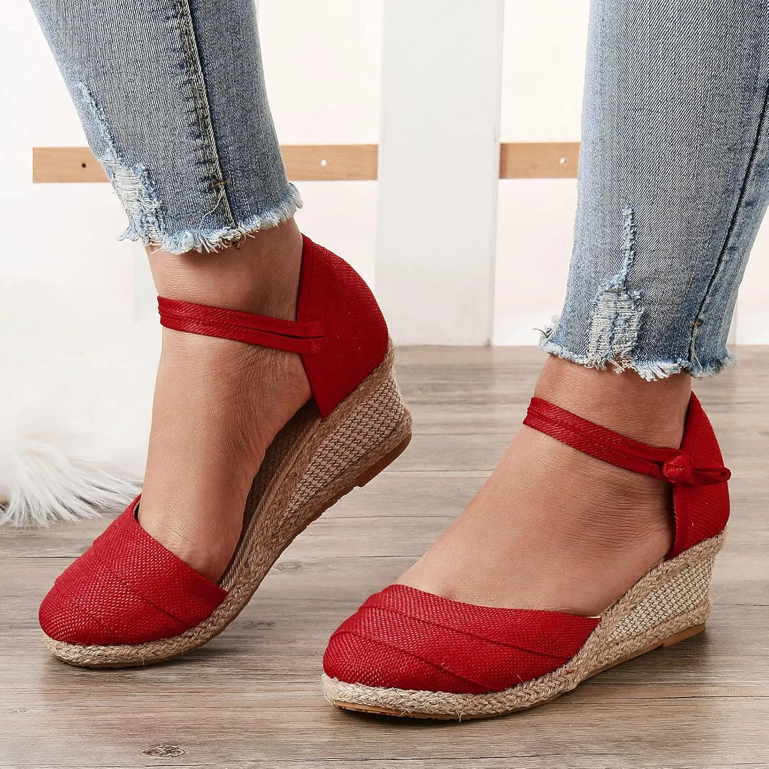 Women's Espadrille Wedges Sandals Bohemian Slip-ons Beach Shoes Platform Canvas Shoes Closed Toe Lace up Summer Shoes