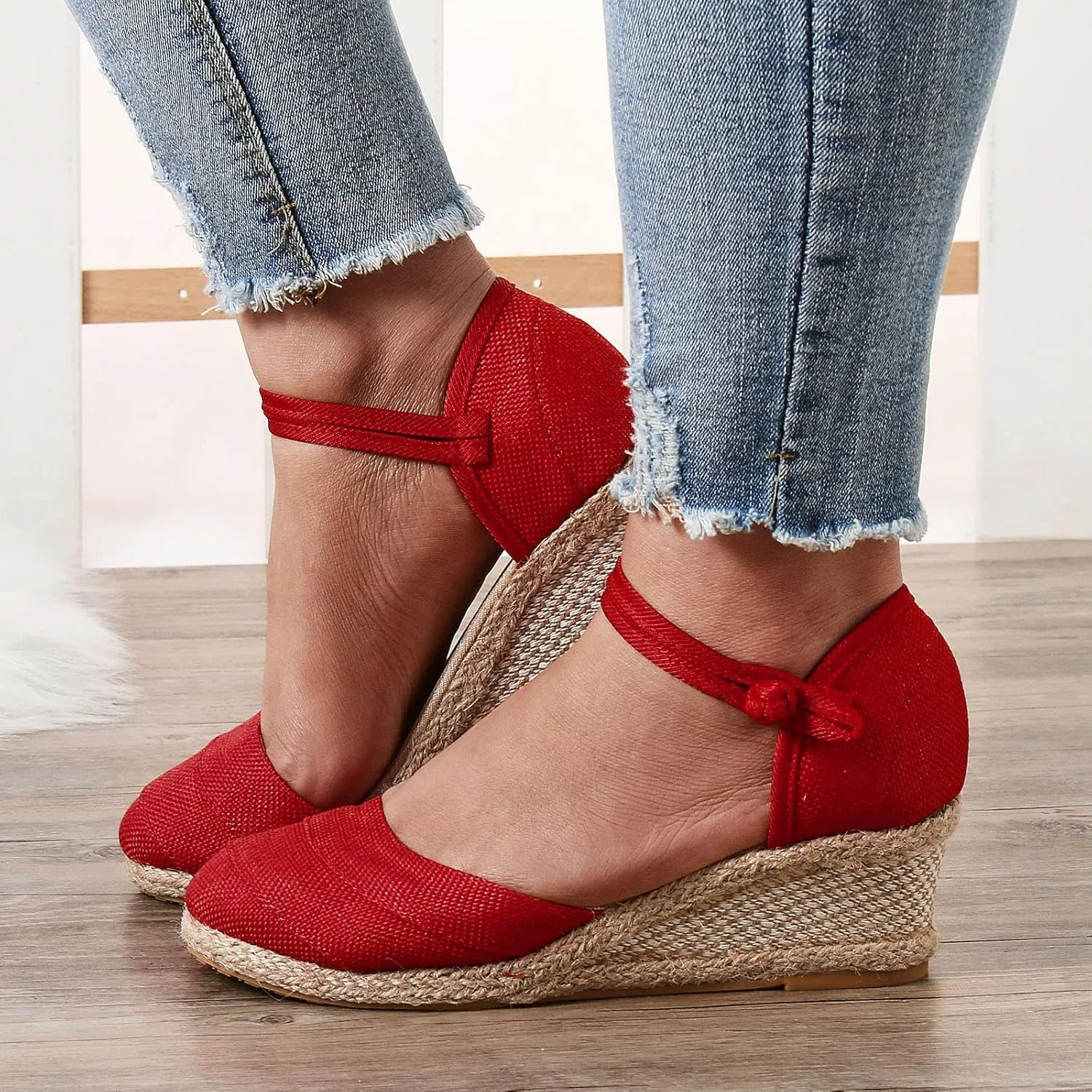 Women's Espadrille Wedges Sandals Bohemian Slip-ons Beach Shoes Platform Canvas Shoes Closed Toe Lace up Summer Shoes