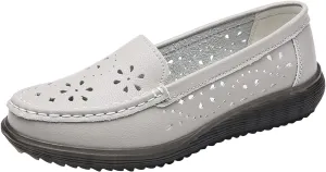 Women's Flat Loafer Slip On Leather Loafer Soft Cushioned Walking Driving Shoes Breathable Hollow Out Shoes