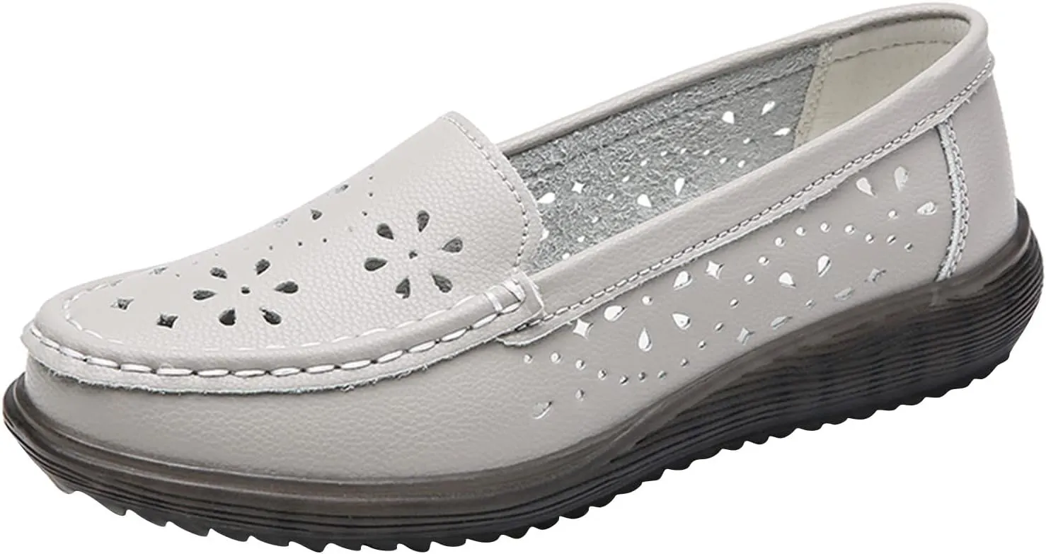 Women's Flat Loafer Slip On Leather Loafer Soft Cushioned Walking Driving Shoes Breathable Hollow Out Shoes