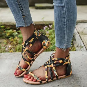 Womens Gladiator Strap Sandals Summer Thong Cross Strappy Flat Sandals Comfort Casual Beach Walking Fisherman Flats Back Zipper