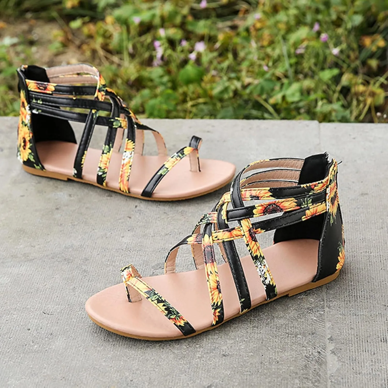 Womens Gladiator Strap Sandals Summer Thong Cross Strappy Flat Sandals Comfort Casual Beach Walking Fisherman Flats Back Zipper