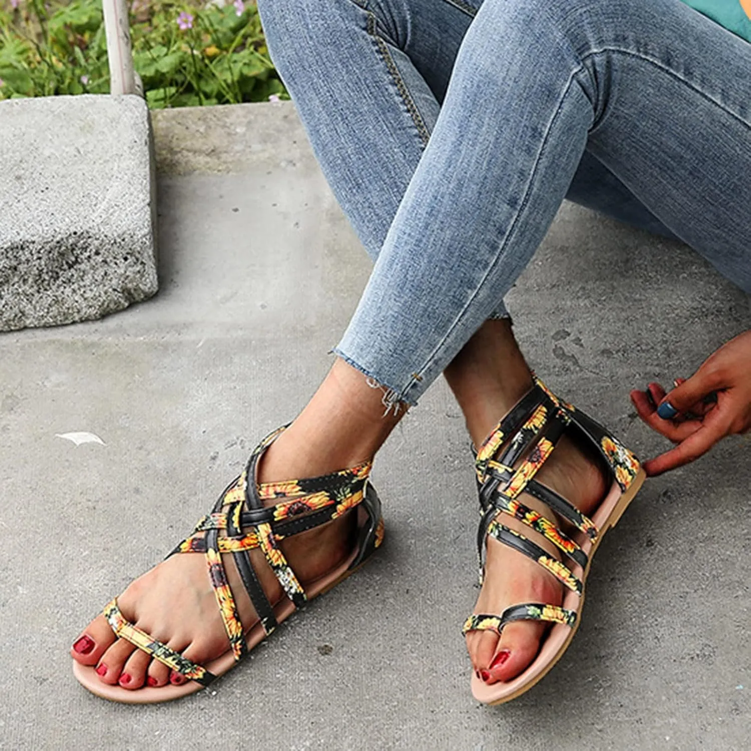 Womens Gladiator Strap Sandals Summer Thong Cross Strappy Flat Sandals Comfort Casual Beach Walking Fisherman Flats Back Zipper