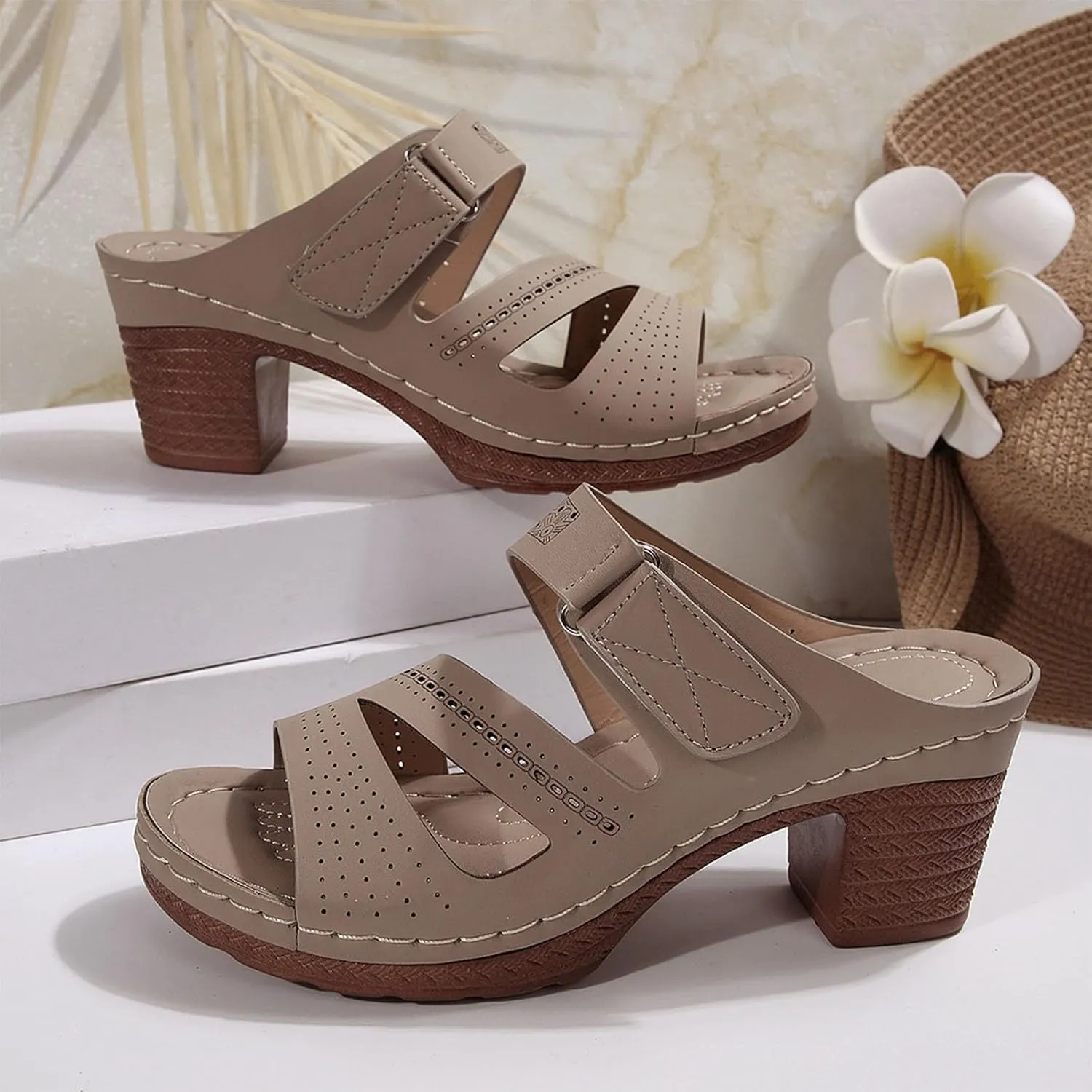 Women's Heeled Sandals Open Toe Casual Comfy Slipper 2025 Summer Hollow Out Low Block Chunky Heels Beach Walking Shoes