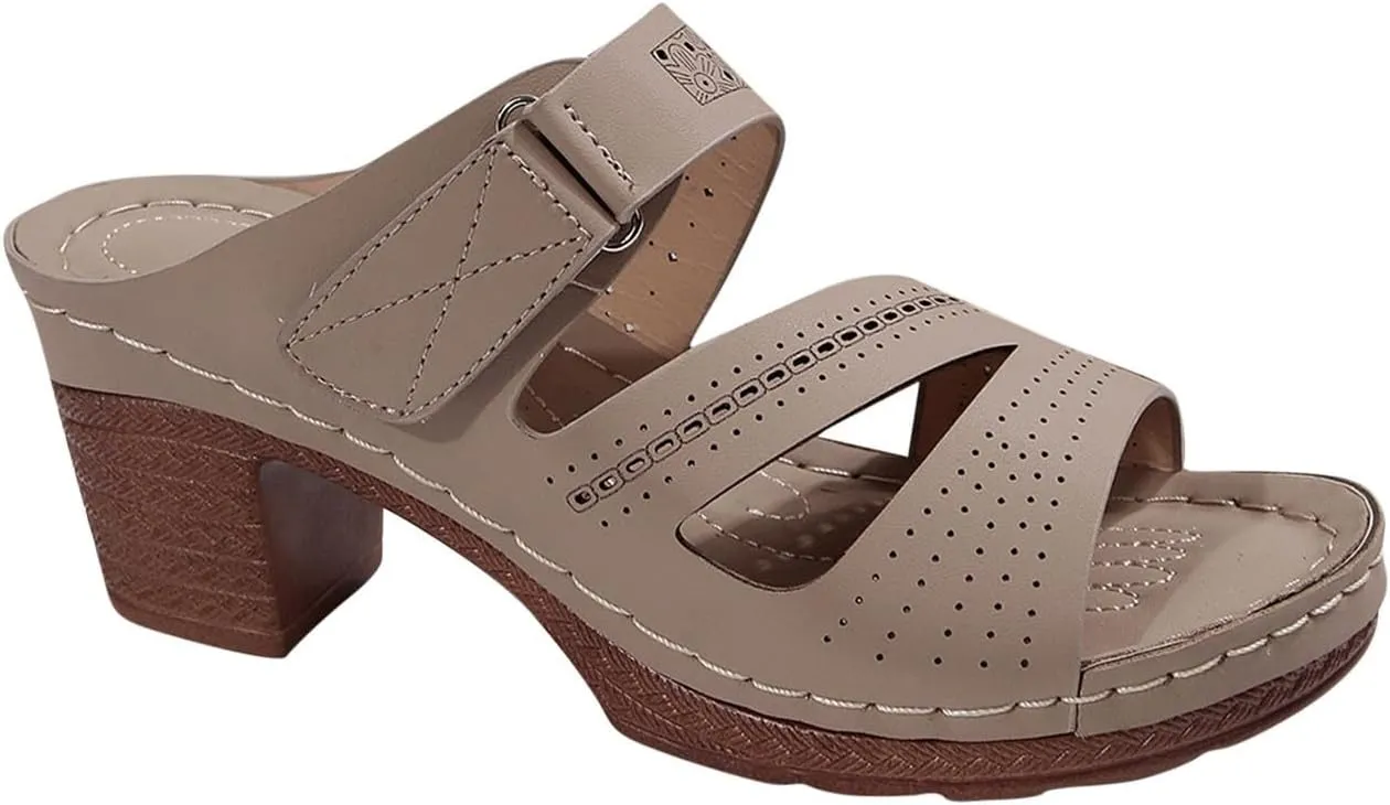 Women's Heeled Sandals Open Toe Casual Comfy Slipper 2025 Summer Hollow Out Low Block Chunky Heels Beach Walking Shoes
