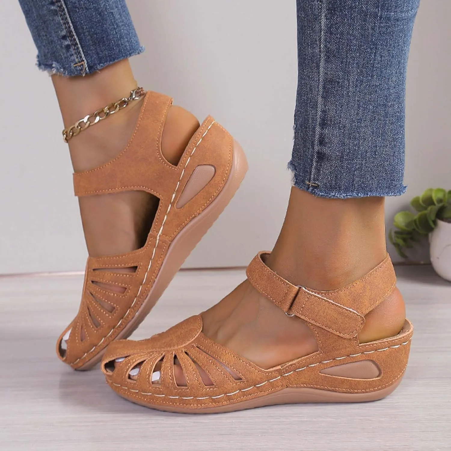 Women's Hollow Out Summer Sandal Close Toe Hook and Loop Shoe Anti-Slip Casual Breathe Sandals Platform Wedge Shoes