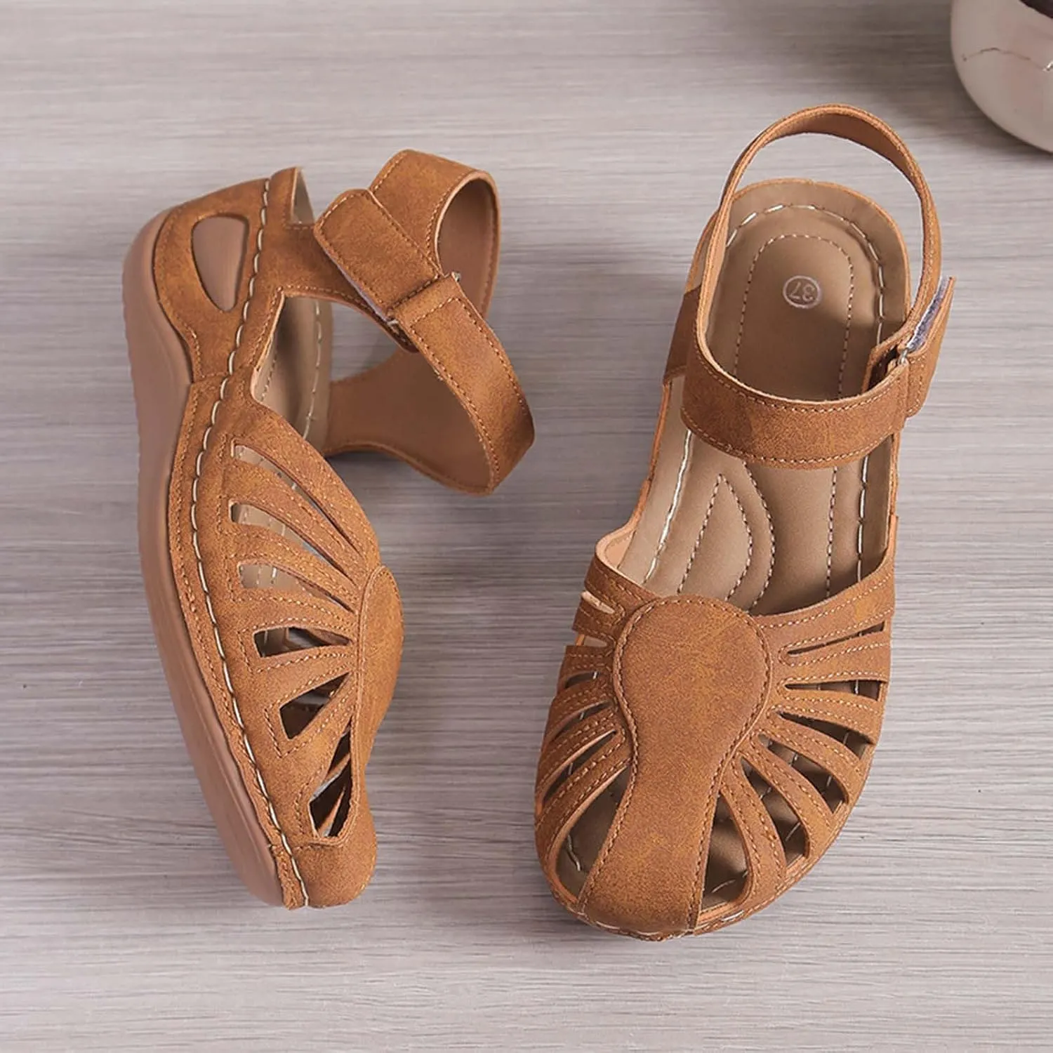 Women's Hollow Out Summer Sandal Close Toe Hook and Loop Shoe Anti-Slip Casual Breathe Sandals Platform Wedge Shoes