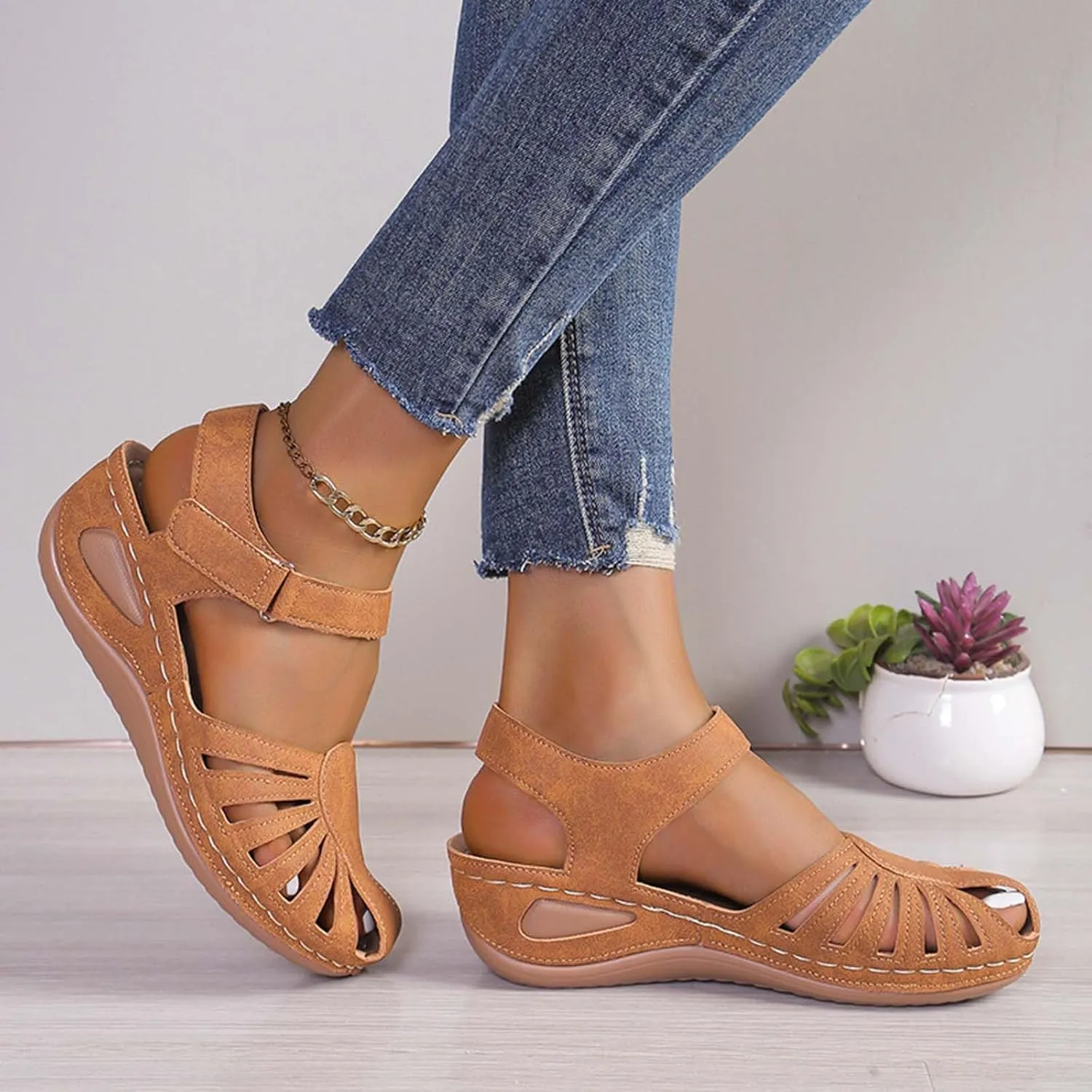 Women's Hollow Out Summer Sandal Close Toe Hook and Loop Shoe Anti-Slip Casual Breathe Sandals Platform Wedge Shoes