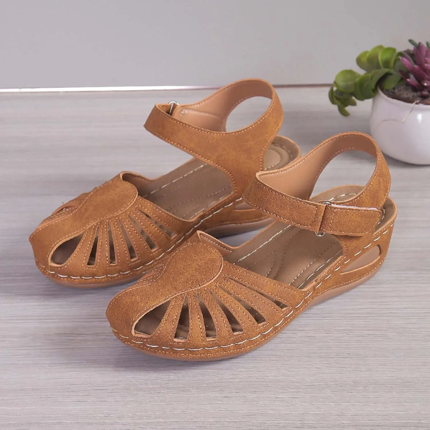 Women's Hollow Out Summer Sandal Close Toe Hook and Loop Shoe Anti-Slip Casual Breathe Sandals Platform Wedge Shoes
