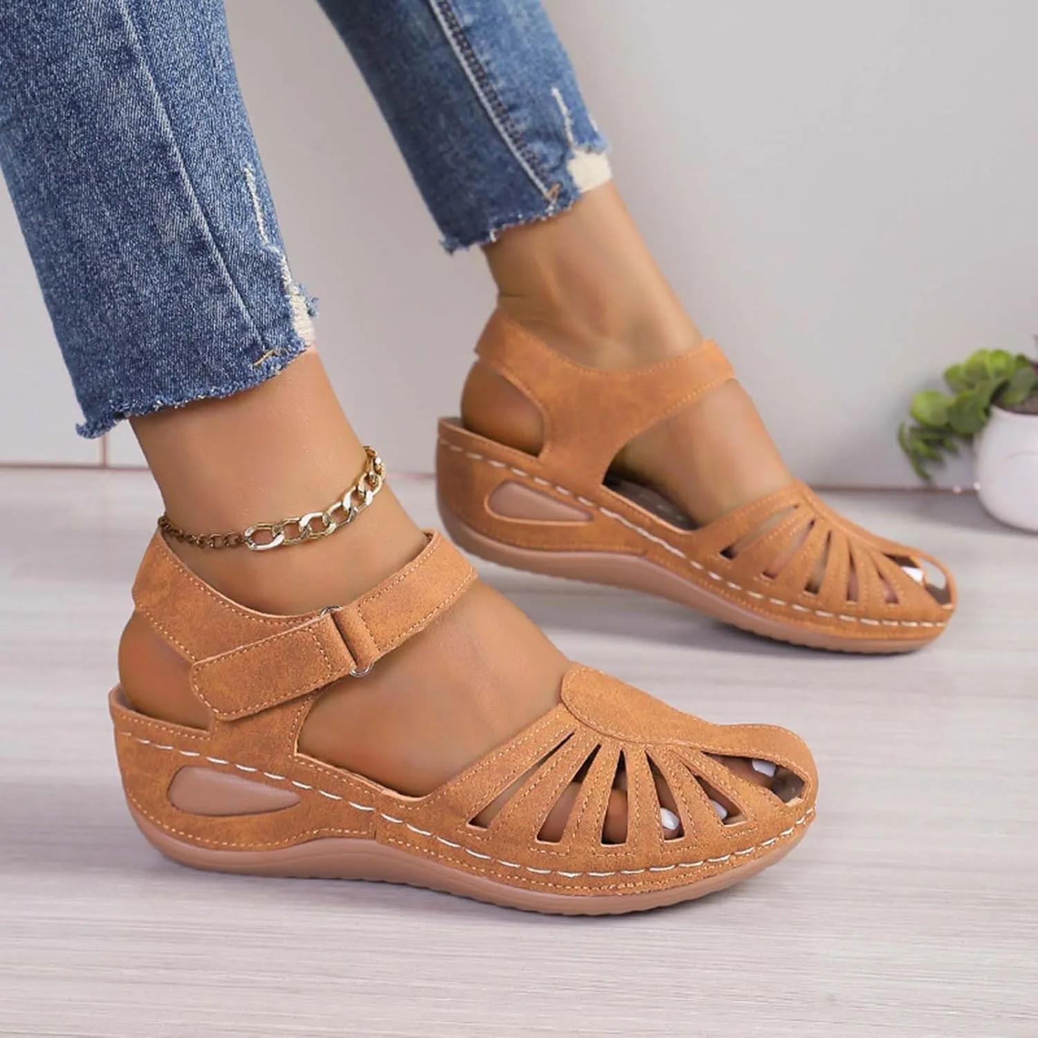 Women's Hollow Out Summer Sandal Close Toe Hook and Loop Shoe Anti-Slip Casual Breathe Sandals Platform Wedge Shoes