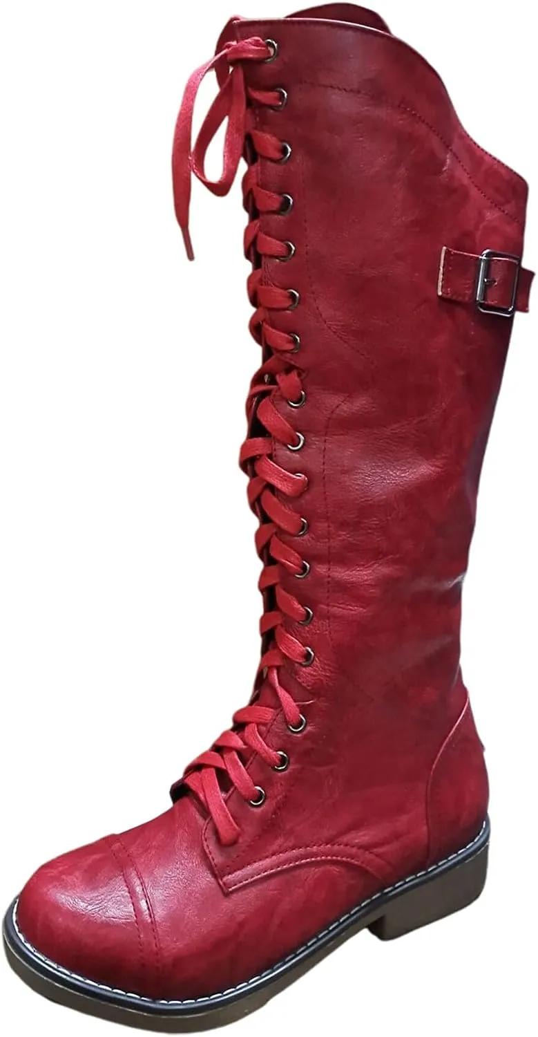 Womens Knee High Chunky Heel Boots Faux Suede Round Toe Side Zipper Boots Western Chunky Cowboy Knee High Side Zipper Pull