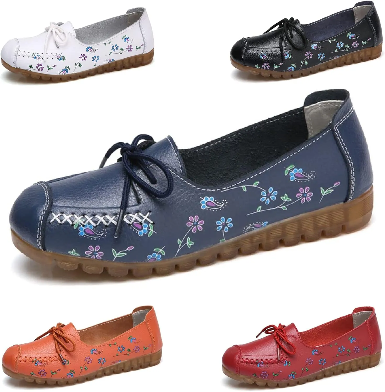 Women's Leather Floral Print Casual Flat Ankle Loafer, Slip-On Non Slip Soft Sole Driving Dress Shoes