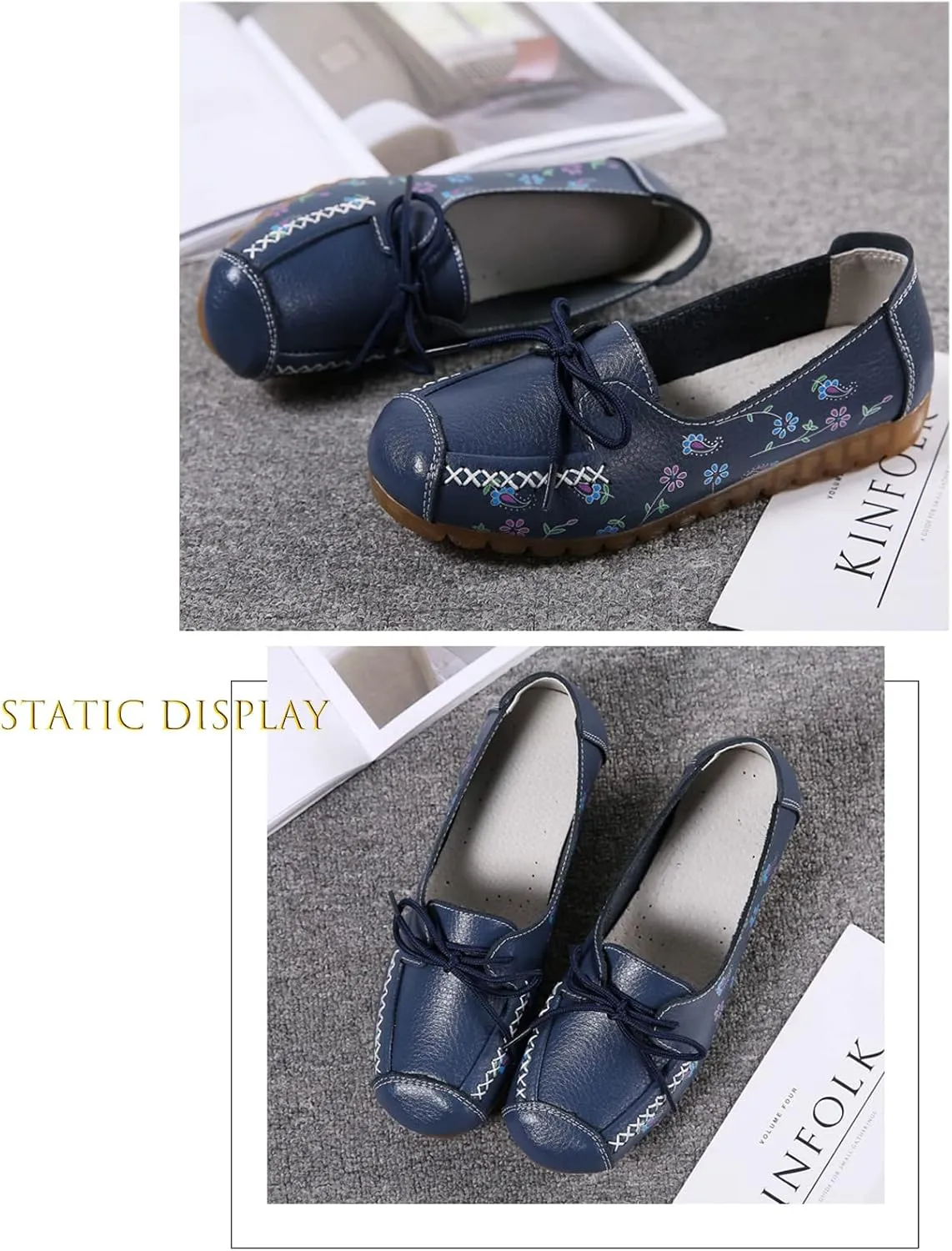 Women's Leather Floral Print Casual Flat Ankle Loafer, Slip-On Non Slip Soft Sole Driving Dress Shoes