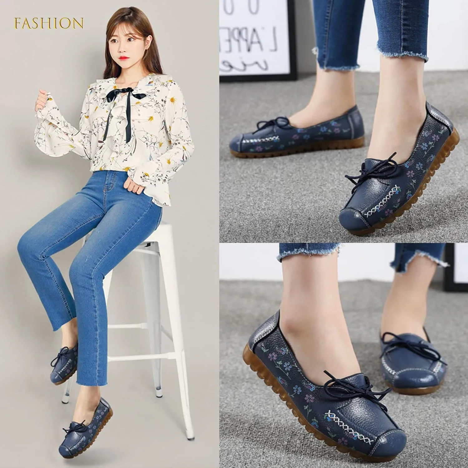 Women's Leather Floral Print Casual Flat Ankle Loafer, Slip-On Non Slip Soft Sole Driving Dress Shoes