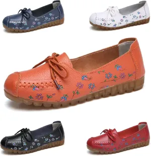 Women's Leather Floral Print Casual Flat Ankle Loafer, Slip-On Non Slip Soft Sole Driving Dress Shoes