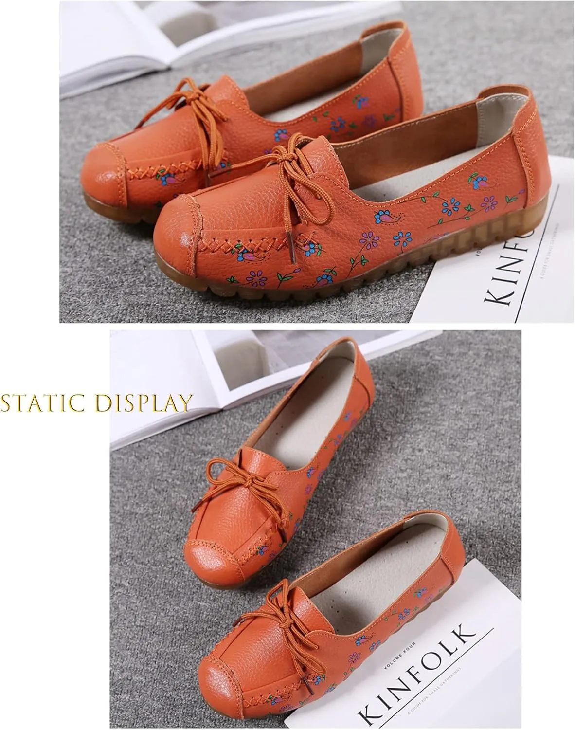 Women's Leather Floral Print Casual Flat Ankle Loafer, Slip-On Non Slip Soft Sole Driving Dress Shoes