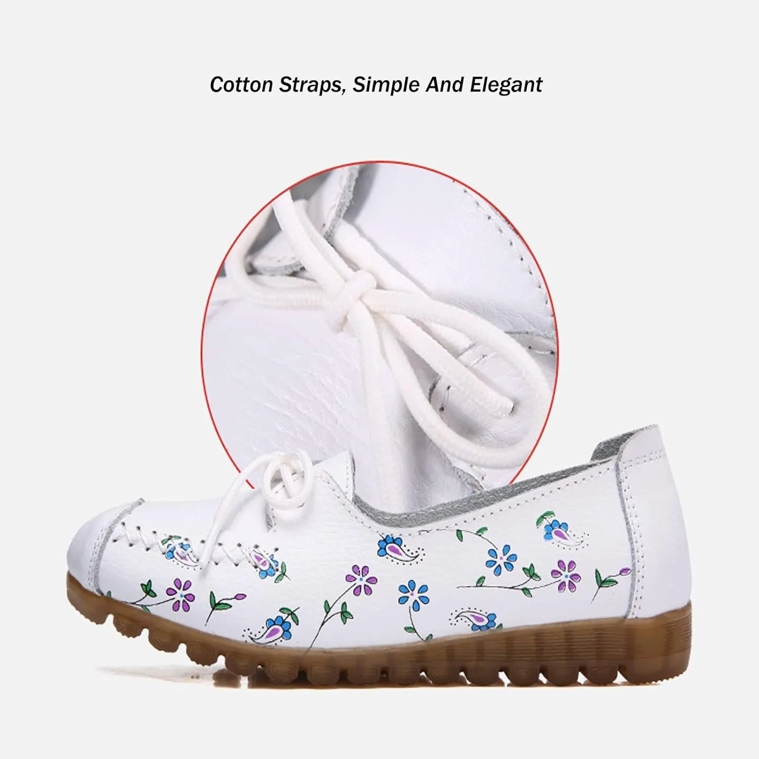 Women's Leather Floral Print Casual Flat Ankle Loafer, Slip-On Non Slip Soft Sole Driving Dress Shoes