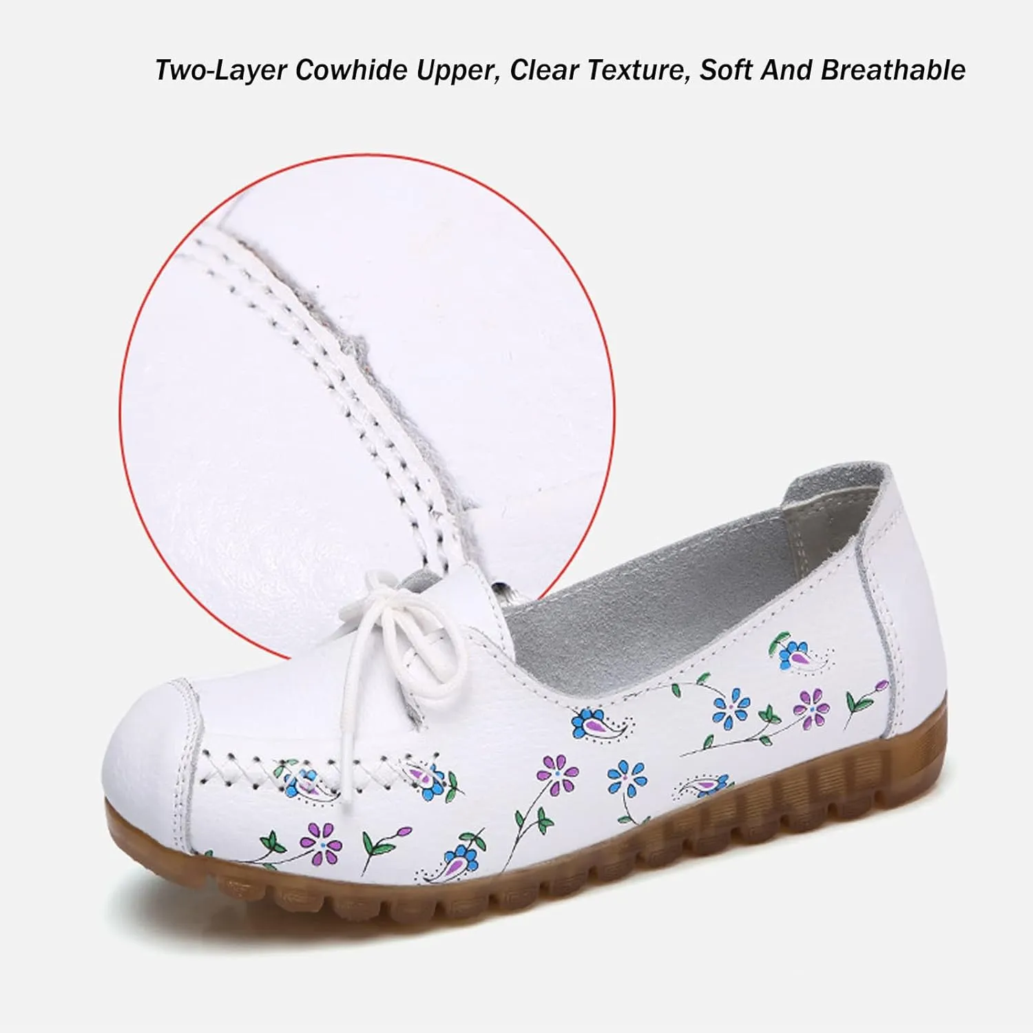 Women's Leather Floral Print Casual Flat Ankle Loafer, Slip-On Non Slip Soft Sole Driving Dress Shoes