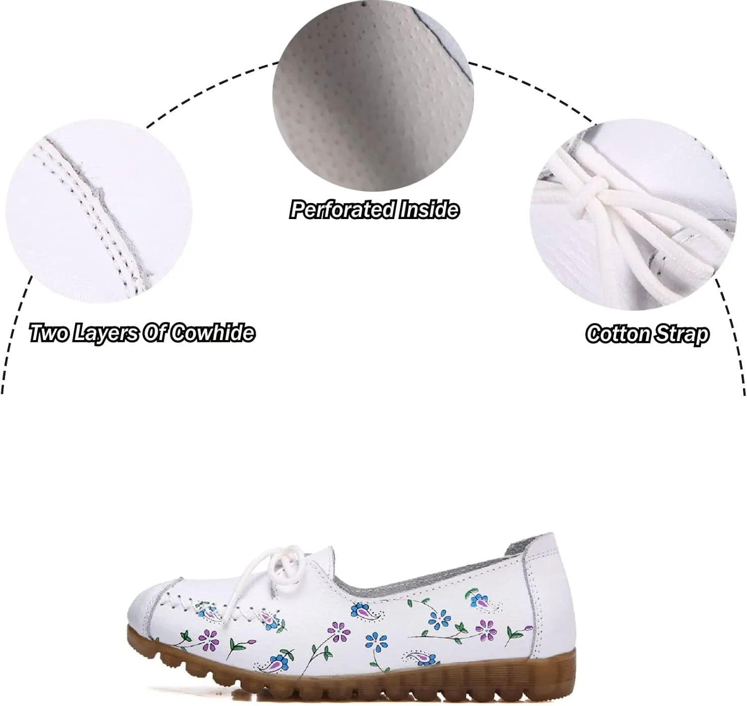Women's Leather Floral Print Casual Flat Ankle Loafer, Slip-On Non Slip Soft Sole Driving Dress Shoes