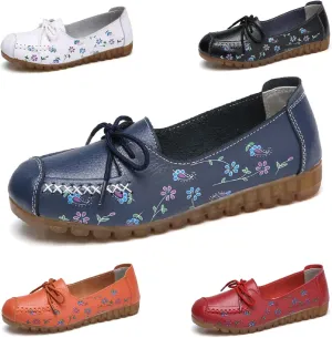 Women's Leather Floral Print Casual Flat Ankle Loafer, Slip-On Non Slip Soft Sole Driving Dress Shoes
