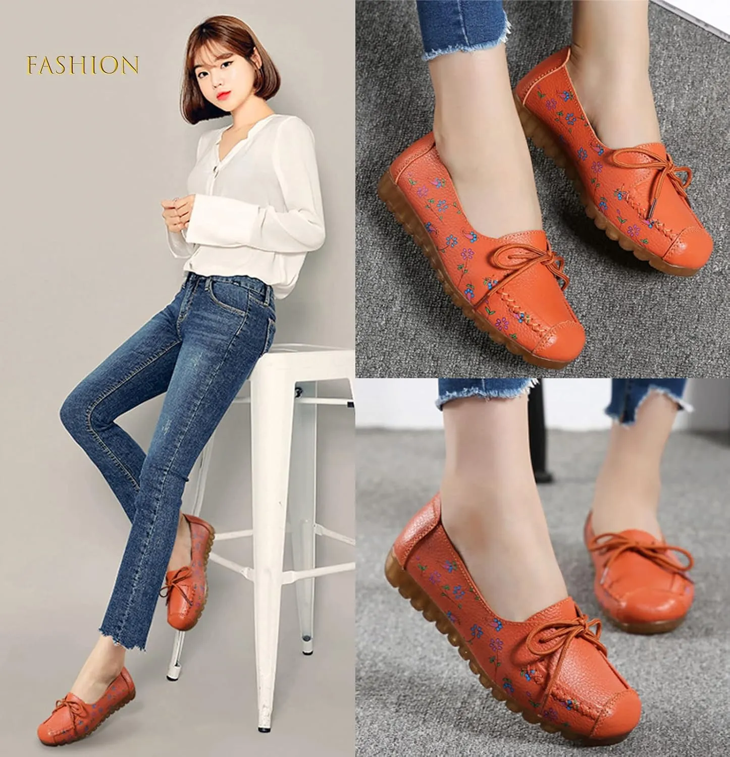 Women's Leather Floral Print Casual Flat Ankle Loafer, Slip-On Non Slip Soft Sole Driving Dress Shoes
