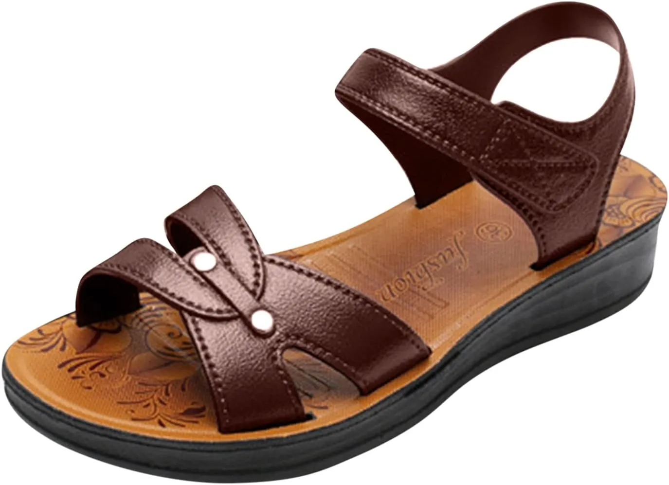 Women's Leather Solid Flat Sandals Hook and Loop Summer Shoe Low Heel Casual Vacation Sandal Trendy Beach Flats