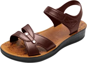 Women's Leather Solid Flat Sandals Hook and Loop Summer Shoe Low Heel Casual Vacation Sandal Trendy Beach Flats