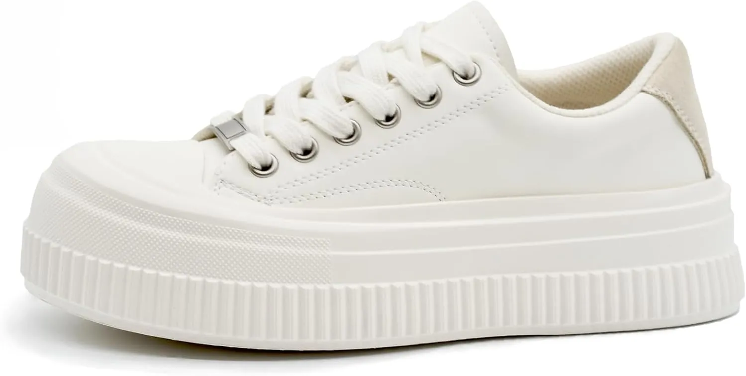 Womens Platform Light Weight Time Off Lace Up White Leather Comfortable Leather Sneakers