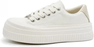 Womens Platform Light Weight Time Off Lace Up White Leather Comfortable Leather Sneakers