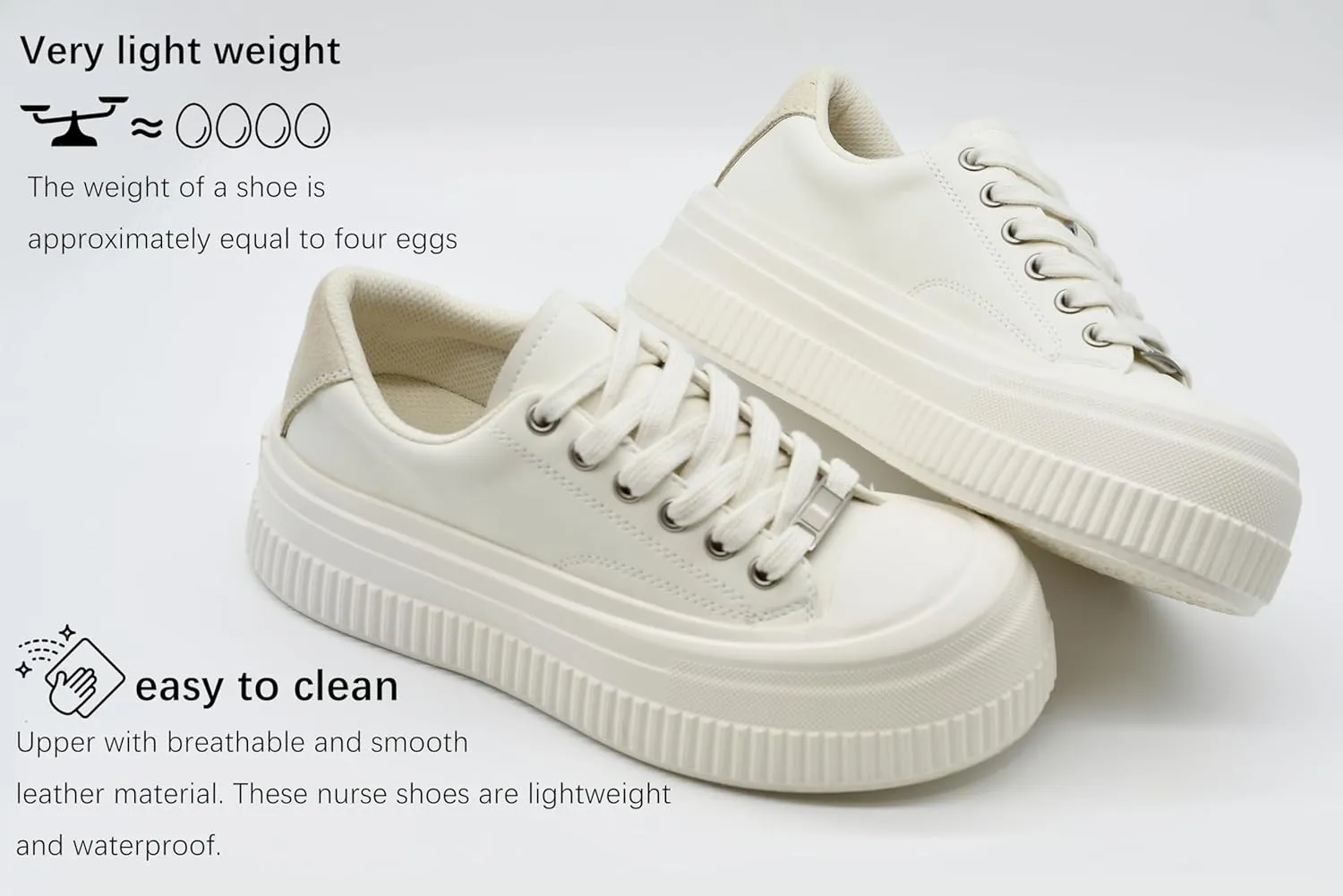 Womens Platform Light Weight Time Off Lace Up White Leather Comfortable Leather Sneakers